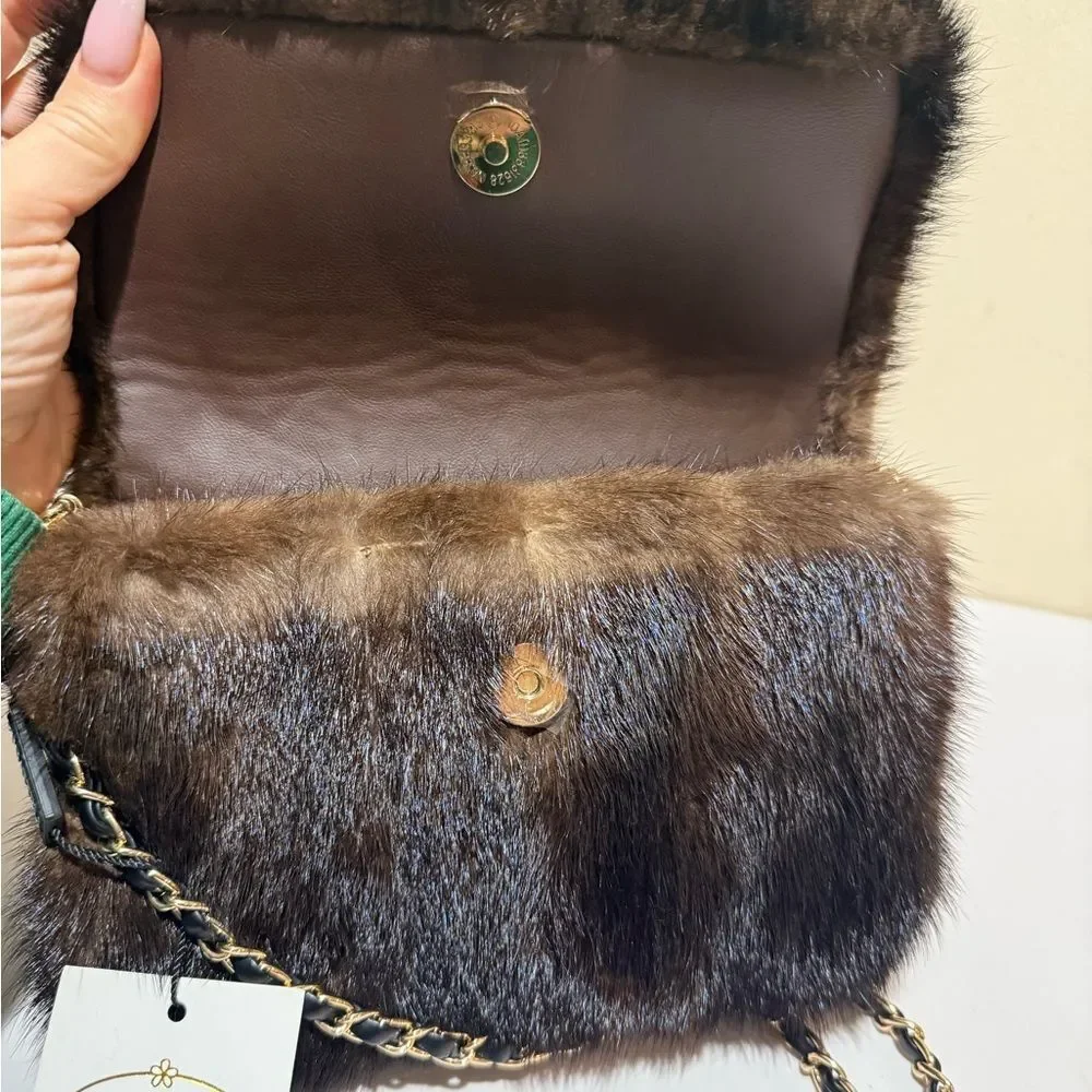 Elegant Black Fur Clutch with Chain Strap